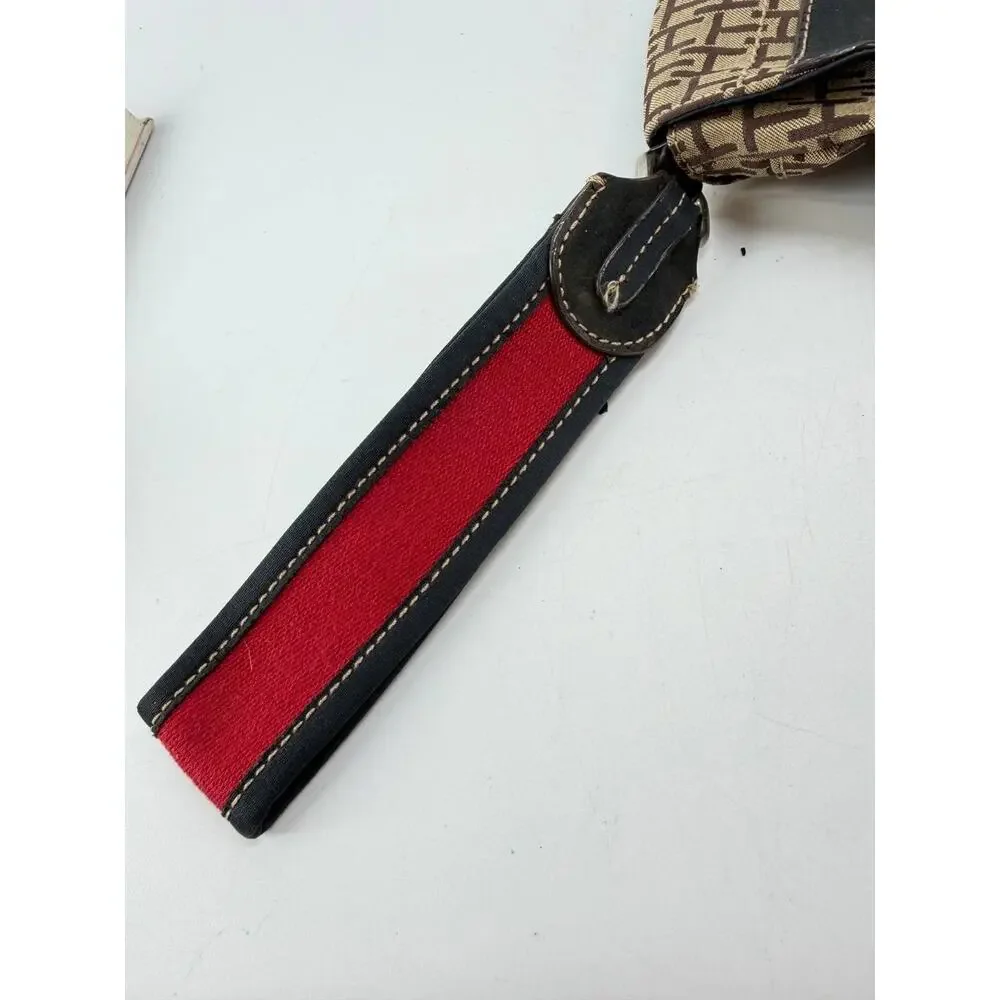 Tommy Hilfiger Monogram Wristlet Clutch Wallet Brown Canvas Red Blue Stripe